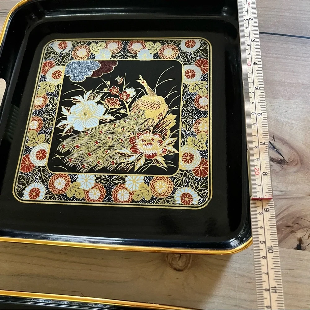 Vintage Japan lacquerware black gold peacock floral serving trays, set of two